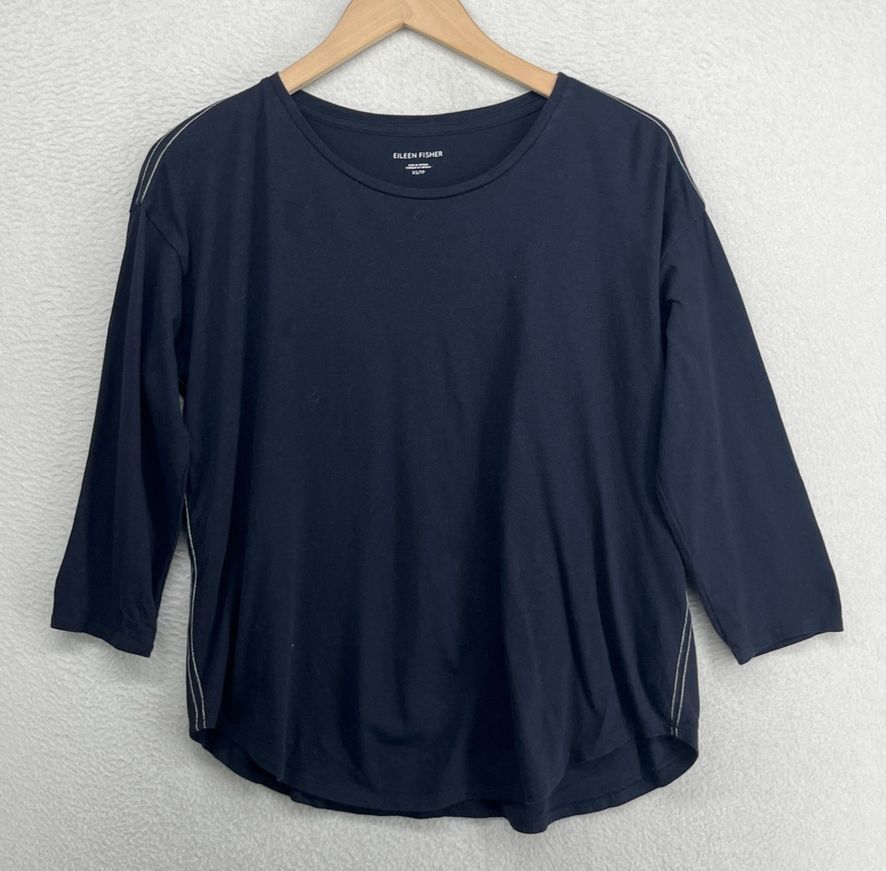 EILEEN FISHER Top XS Slub Organic Cotton Jersey Contrast Stitch 3/4 Sleeve Blue